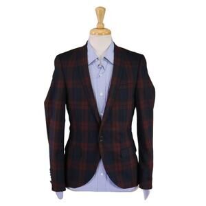 Twisted Tailor Red/Blue/Green Tartan Plaid Skinny Fit 1-Btn Wool Blazer 36R
